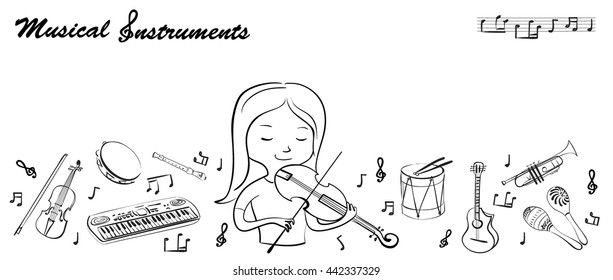 Violinist girl and set of Musical Instruments. Flat monochrome vector. Sketch, doodle style. Guitar and violin, synthesizer or drum and trumpet line icons. Horizontal design.