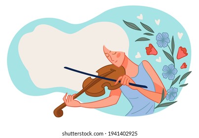 Violinist girl with string musical instrument. Woman giving performance on stage or composing new melodies, songs and compositions. Practicing and preparing for classic show. Vector in flat style