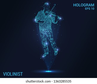 Violinist hologram. A holographic projection of the violin. Flickering energy flux of particles. Research design the violinist