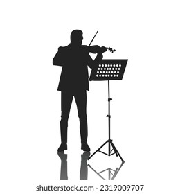 Violinist isolated vector silhouette. Musician standing and playing violin on white background