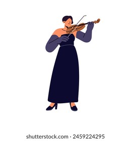 Violinista con guantes largos, el vestido toca la sinfonía con el violín. Músico interpreta música clásica con viola. Rendimiento del instrumento de cuerda. Ilustración vectorial aislada plana sobre fondo blanco