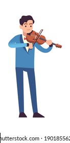 Violinistische Leistung. Klassischer männlicher Musiker in blauem Kleid mit Violine spielt Melodie, gestreiftes Musikinstrument, akustisches Musikunterhaltungsprogramm flache Vektorgrafik einzelne Illustration