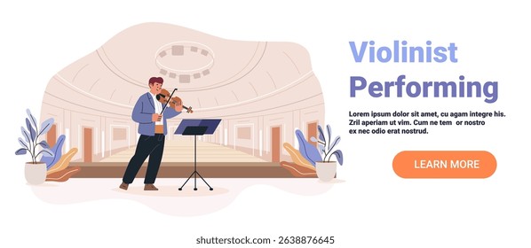 Violinist performing concert hall stage music recital audience chairs potted plants elegant architecture flat design website banner