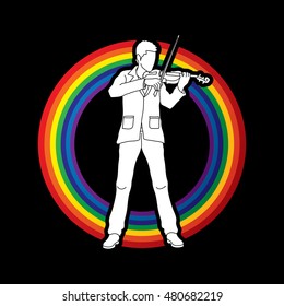 Violinist  playing violin designed on line rainbows background graphic vector.