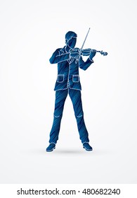 Violinist playing violin designed using blue grunge brush graphic vector.