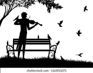 violinist plays in the park with pigeons, violin dreamer, romantic lonely melody with birds, summer nostalgic memories, silhouette, vector,