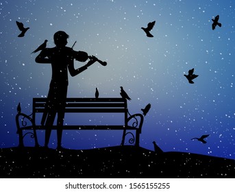 violinist plays under the snow in the park with pigeons, violin dreamer, first snow nostalgic memories, silhouette, vector,
