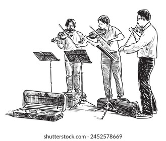 Violinists musicians trio men buskers music violin bow playing professional standing, sketch hand drawn vector drawing illustration isolated on white