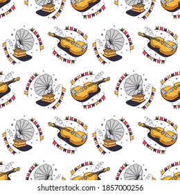 Violins and gramophones. Seamless pattern on a white background. Cute vector illustration.