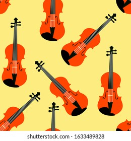 Violins seamless pattern. Repetitive vector illustration of red violins on yellow background. EPS 10.