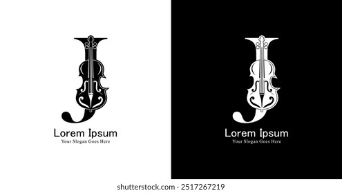 Un diseño de logotipo en forma de violín combinado con la letra J y un estilo moderno