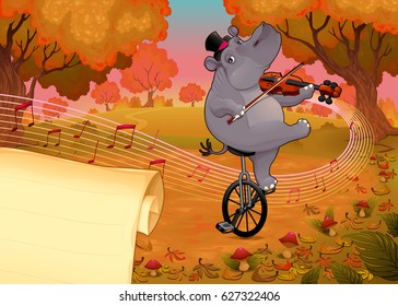 Violinst hippo and paper to give the best wishes. Vector cartoon illustration