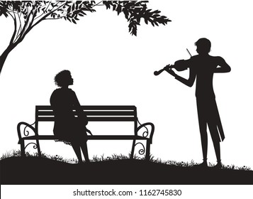Violist plays for s girl sitting on s bench under s tree, romantic music vector