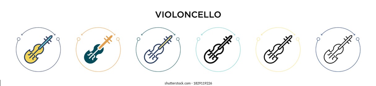 Violoncello icon in filled, thin line, outline and stroke style. Vector illustration of two colored and black violoncello vector icons designs can be used for mobile, ui, web