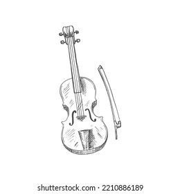 Violoncello isolated violin fiddle with bow sketch. Vector cello, orchestra viola or double bass