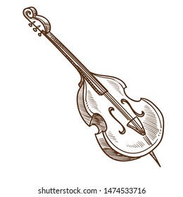 Violoncello musical instrument classic music performance vector isolated sketch cello with strings live sound symphonic orchestra equipment jazz concert melody notes and tunes playing show drawing