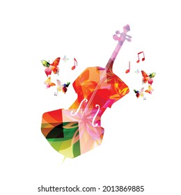 Violoncello con notas musicales aisladas para conciertos en vivo, festivales y espectáculos de jazz, flyer de fiesta. Afiche promocional musical con instrumento musical ilustración vectorial colorida