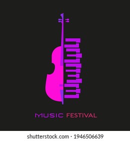 Violoncello piano hand drawn flat colorful music vector icon. Violin piano keyboard silhouette design element. Vintage musical instrument emblem template. Advertising event background illustration