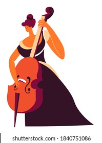 Jugador de violoncello con actuación, personaje femenino aislado jugando violoncelo. Ensayos, pasatiempos o mujeres, pasatiempos o talleres. Música sinfónica e instrumental, canciones clásicas. Vector de estilo plano