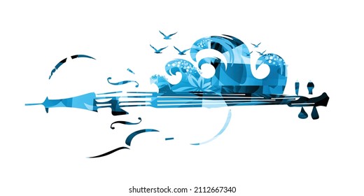 Violoncello with waves and seagulls isolated for live concert events, jazz music festivals and shows, party flyers. Musical promotional poster with cello, inspirational music vector illustration