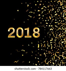 VIP 2018 New Year card with gold falling confetti and streamers. Foil texture gold glitter confetti tinsels falling background, 2018 greeting card, poster or party invitation design template.
