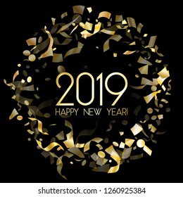 VIP 2019 Happy New Year card, gold confetti. Foil texture gold glitter confetti sparkles backdrop, 2019 holiday card, banner or party poster design with wishes of happiness in New Year.
