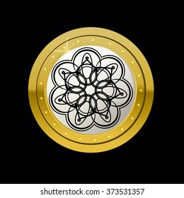 Vip abstract gold label with ornament. Reliability and comfort. White glossy stone  in gold. Vector vintage label for text on black background