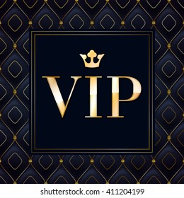 VIP abstract quilted background, diamonds and golden letters with crown.
