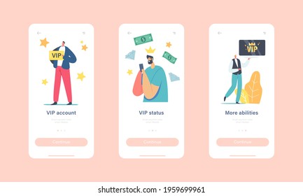 Vip Account Mobile App Page Onboard Screen Template. Luxury Characters with Gold Cards Receive Premium Service, VIP Persons Lifestyle, People with More Abilities Concept. Cartoon Vector Illustration