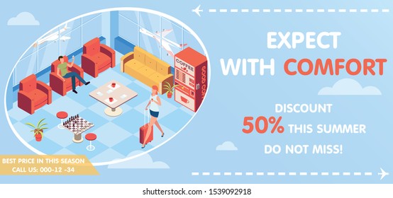 Vip airport waiting room isometric poster with comfortable waiting symbols vector illustration