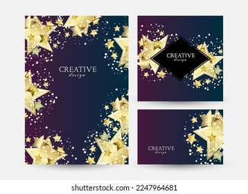 Vip anniversary invitation templates. Cover design with golden stars. Vector decorative poster, flyer and banners with copy space.