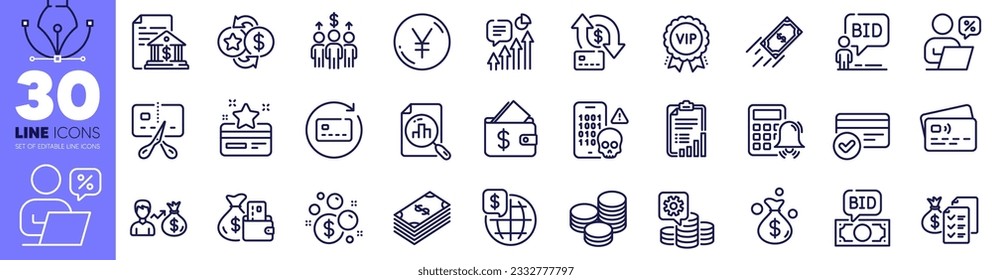 Vip award, Bankrupt and Launder money line icons pack. Renew card, World money, Bank document web icon. Salary, Calculator alarm, Card pictogram. Fast payment, Cyber attack, Checklist. Vector