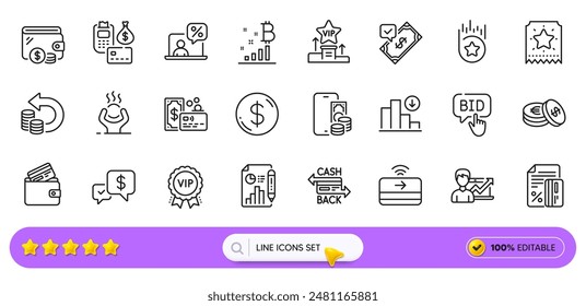 Vip award, Savings and Difficult stress line icons for web app. Pack of Loyalty star, Decreasing graph, Accepted payment pictogram icons. Vip podium, Bid offer, Phone pay signs. Payment. Vector