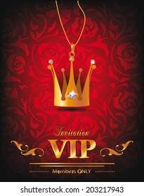 VIP background with gold crown shaped pendant with diamonds on the red background