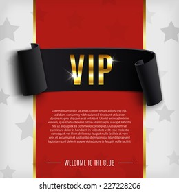 VIP background with realistic black curved ribbon on red carpet. Vector illustration