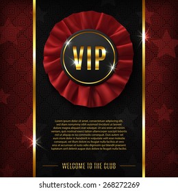 VIP background with realistic, red, fabric award ribbon. Vector illustration.