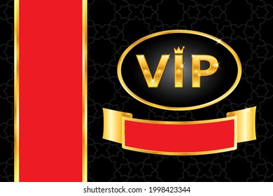 Fondo vip con brillante texto dorado con corona y diamantes brillantes, marco, franja roja sobre el patrón árabe negro. Diseño de pancartas o plantillas de invitación de lujo y de primera calidad. Ilustración vectorial.
