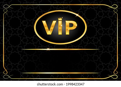 Vip background with shiny gold text with crown and frame on black arabic pattern. Premium and luxury banner or invitation template design. Vector illustration.