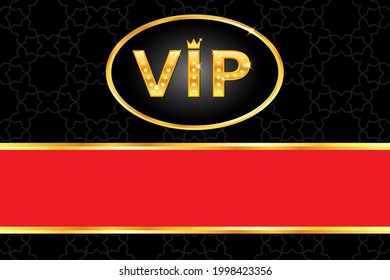Vip background with shiny gold text with crown and glowing diamonds, frame, red stripe on black arabic pattern. Premium and luxury banner or invitation template design. Vector illustration.