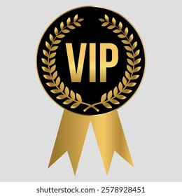 VIP badge featuring a black and gold design with laurel wreath and ribbon elements for special events or recognition