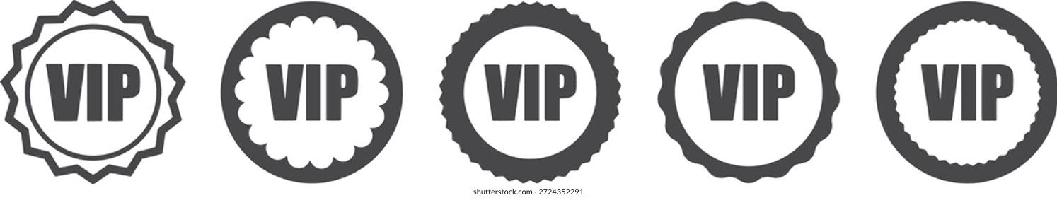Conjunto de iconos de insignias VIP con etiquetas premium y sellos de calidad. Símbolos de emblema circular para membresía, recompensa y marca exclusiva. Estilo de contorno negro limpio ideal para uso de marketing y diseño.
