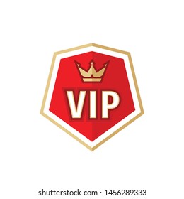 VIP badge logo design element. Gold crown on red shield. Vector illustration. 