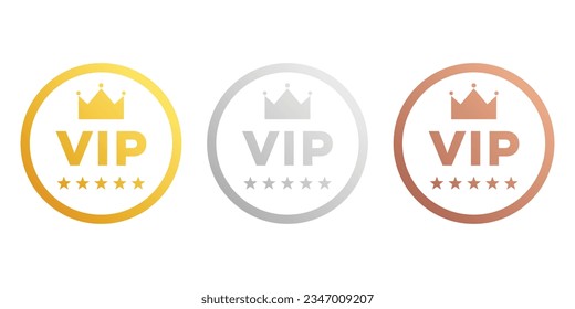 VIP badges in gold, silver and bronze color. Round label with three VIP level. Vector illustration.