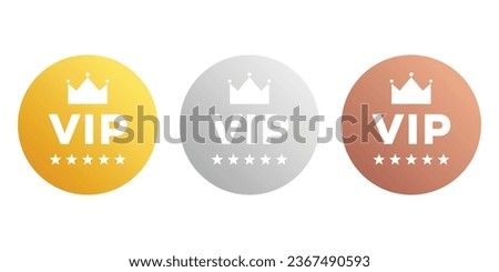 VIP badges in gold, silver and bronze color. Vector vip emblem sticker attractive set.