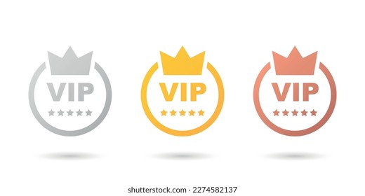 VIP badges icon in flat style. Gold, silver and bronze color vector illustration on isolated background. Premium luxury sign business concept.