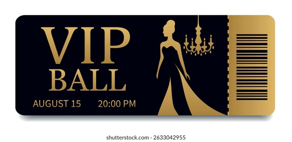 VIP Ball Ticket with Gold Embossing and Barcode. Vector Luxury Black Ticket with Woman Logo. Elegant Design for Events, Concerts, Exclusive Parties and Premium Access