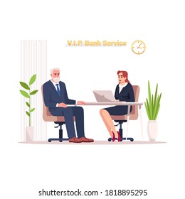 VIP Bank Service Semi Flat RGB Color Vector Illustration. Private Advisor At Reception. Financial Consultant With Male Elderly Customer Isolated Cartoon Character On White Background