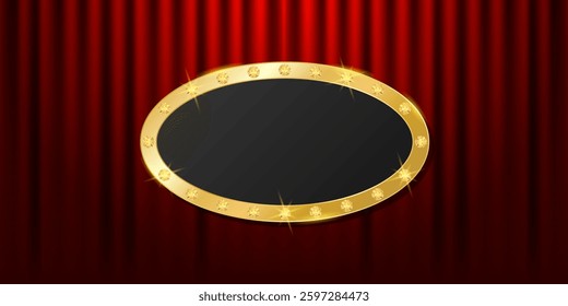Vip banner with golden oval emblem. Red draped curtain background. Premium vector illustration for theater stage, cinema, movie, theater, comedy, show, opera, circus