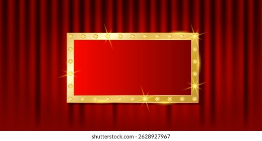 Vip banner with golden shiny frame. Red curtains background with empty copy space. Premium vector illustration for club, casino, party, spa, lounge, concert
