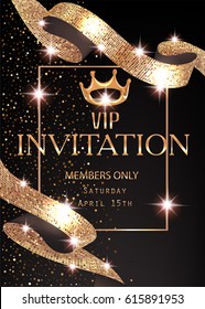 VIP banner with sparkling gold  curly ribbon and frame. Vector illustration